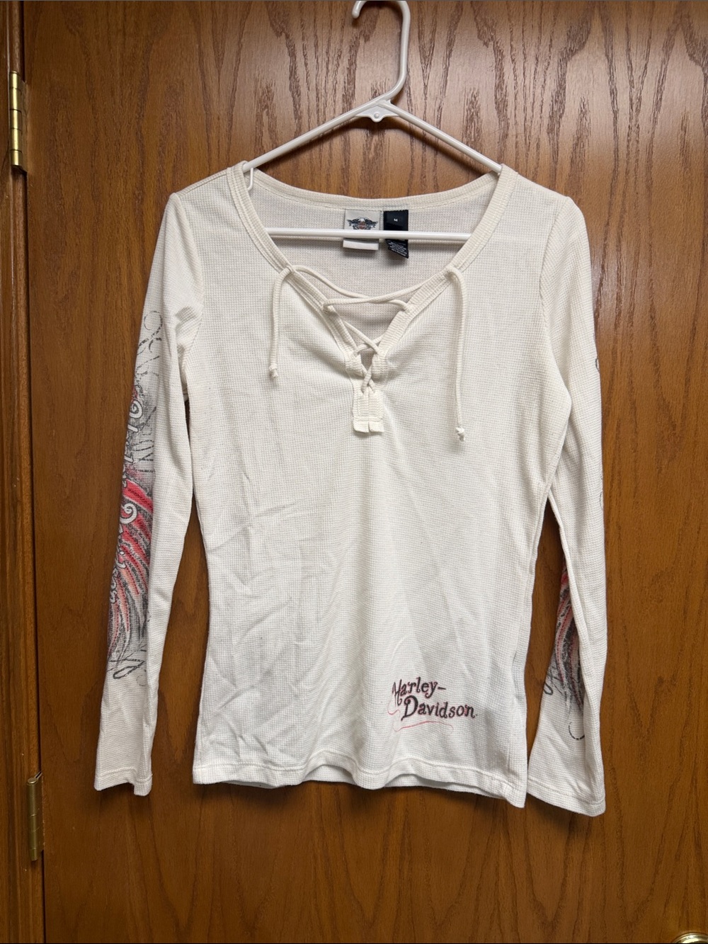 Harley-Davidson Cream Long Sleeve Lace-Up Top with Red Sleeve Accents